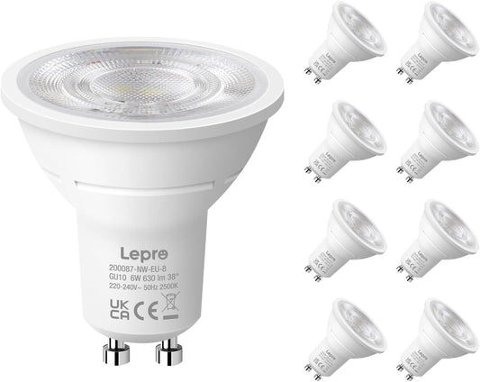 Lepro GU10 LED Bulbs, 4000K Neutral White, 630LM, 6W (80W Equivalent), 38¡« Beam Angle, Energy Saving Spotlight Bulbs, Non-Dimmable, 8 Packs