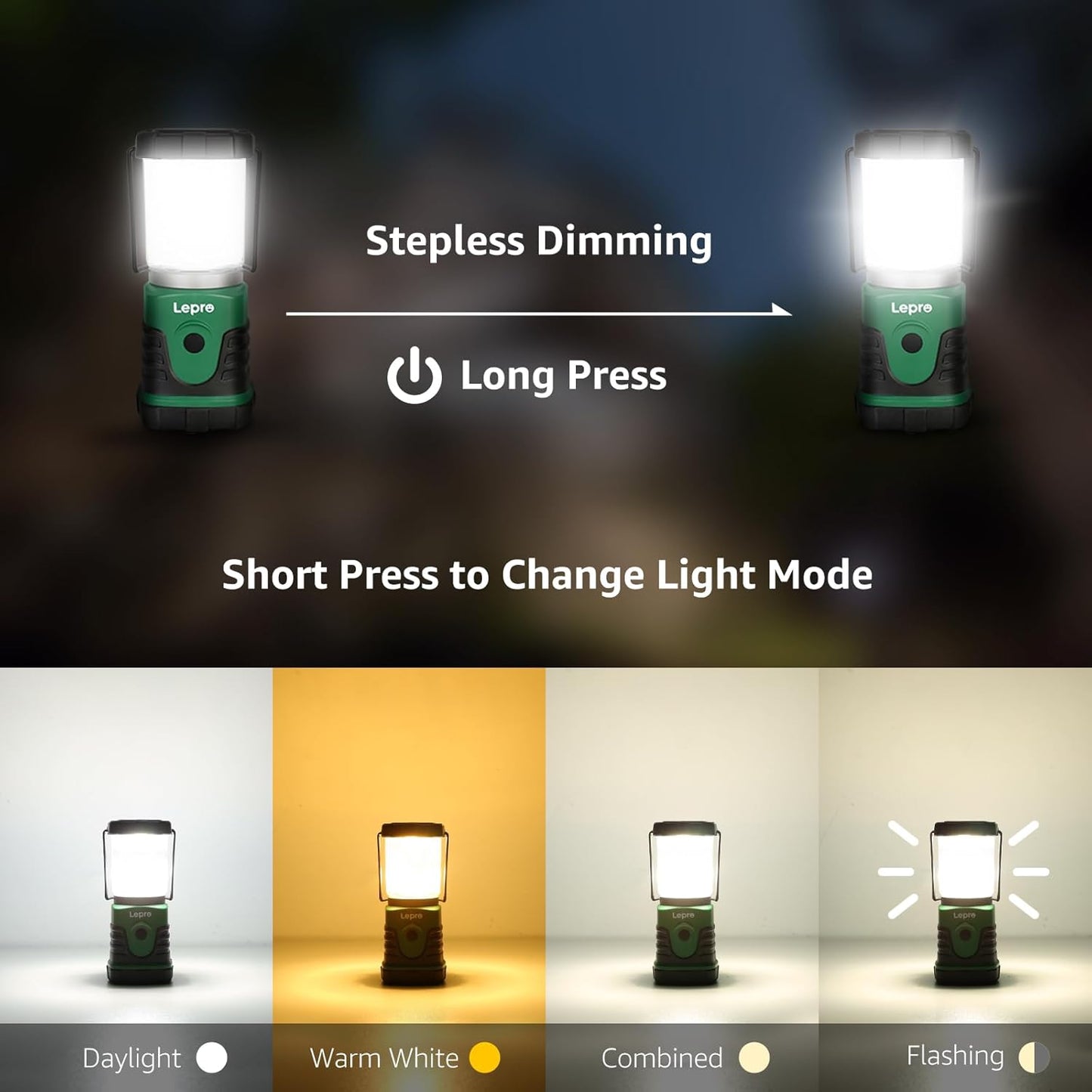 Lepro Camping Lantern Battery Powered, Portable Small Camping Tent Lights AA Battery Operated, Dimmable Warm White to Daylight Modes, Battery Lantern for Indoors, Emergency Lighting for Power Cuts
