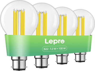 Lepro LED Light Bulbs Bayonet, Ultra Efficient A-Rated B22 Bulb, 7.2W = 100W, 1521lm, 2700K Warm White, 50000H Lifespan, Clear Filament, Glass,Non-dimmable, Pack of 4
