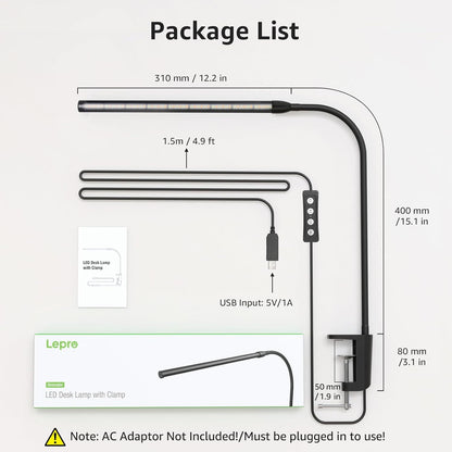 Lepro Desk Lamp Clamp, Eye Caring Desk Light, 5W 460lm, Dimmable LED Desk Lamp, 10 Brightness Levels x 3 Colour Modes, USB Powered Clip on LED Desk Light for Office, Study, Crafts, Nails, Reading