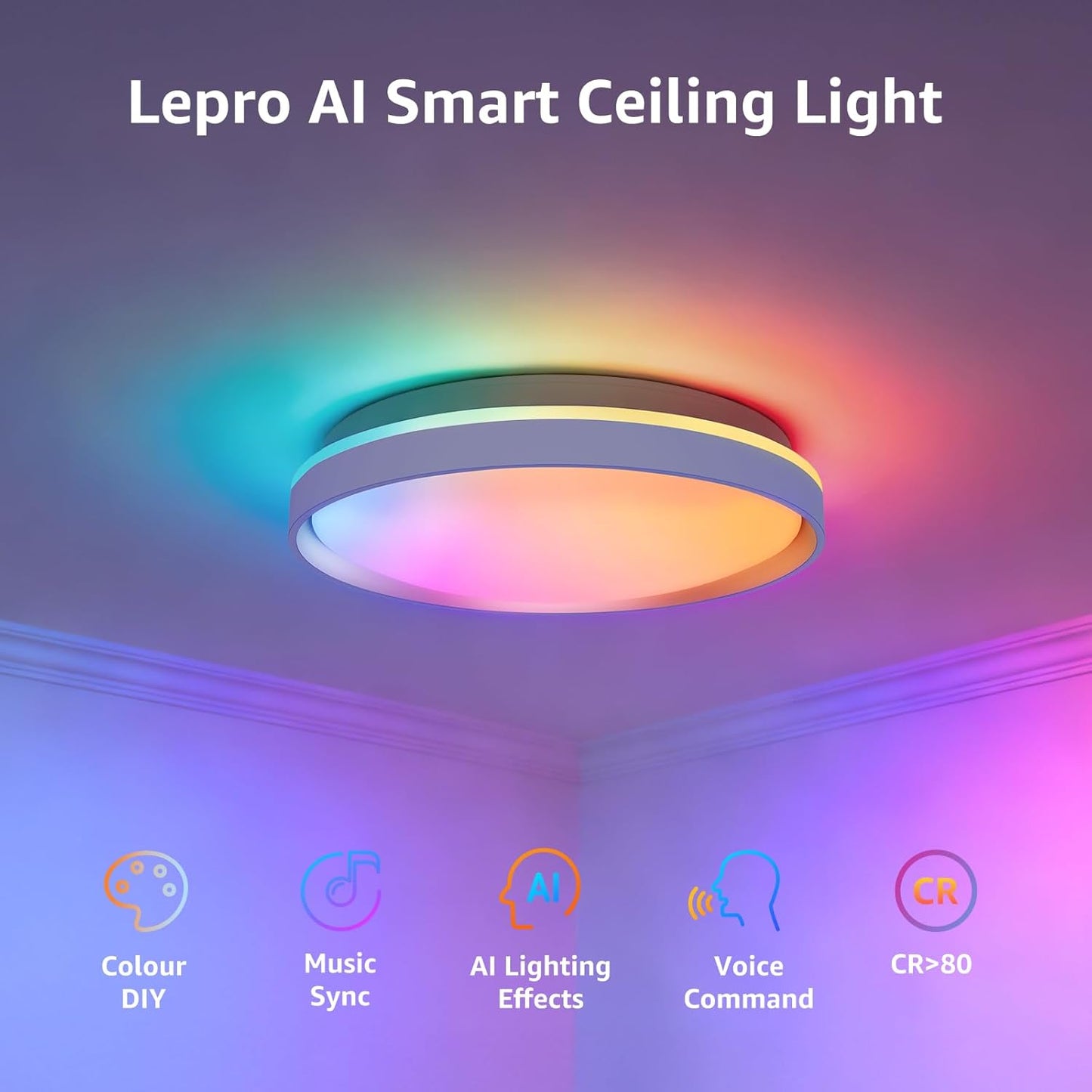 Lepro T1 AI Smart Ceiling Light 24W, Music Sync, AI Generated Lighting LLM, Voice Control, IP44 Waterproof Bathroom Light, Color Changing Ceiling Light WiFi, Work with Alexa Google Assistant, Ø29.4CM