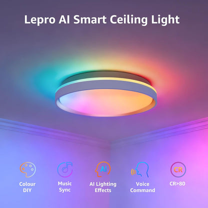 Lepro T1 AI Smart Ceiling Light 24W, Music Sync, AI Generated Lighting LLM, Voice Control, IP44 Waterproof Bathroom Light, Color Changing Ceiling Light WiFi, Work with Alexa Google Assistant, Ø29.4CM