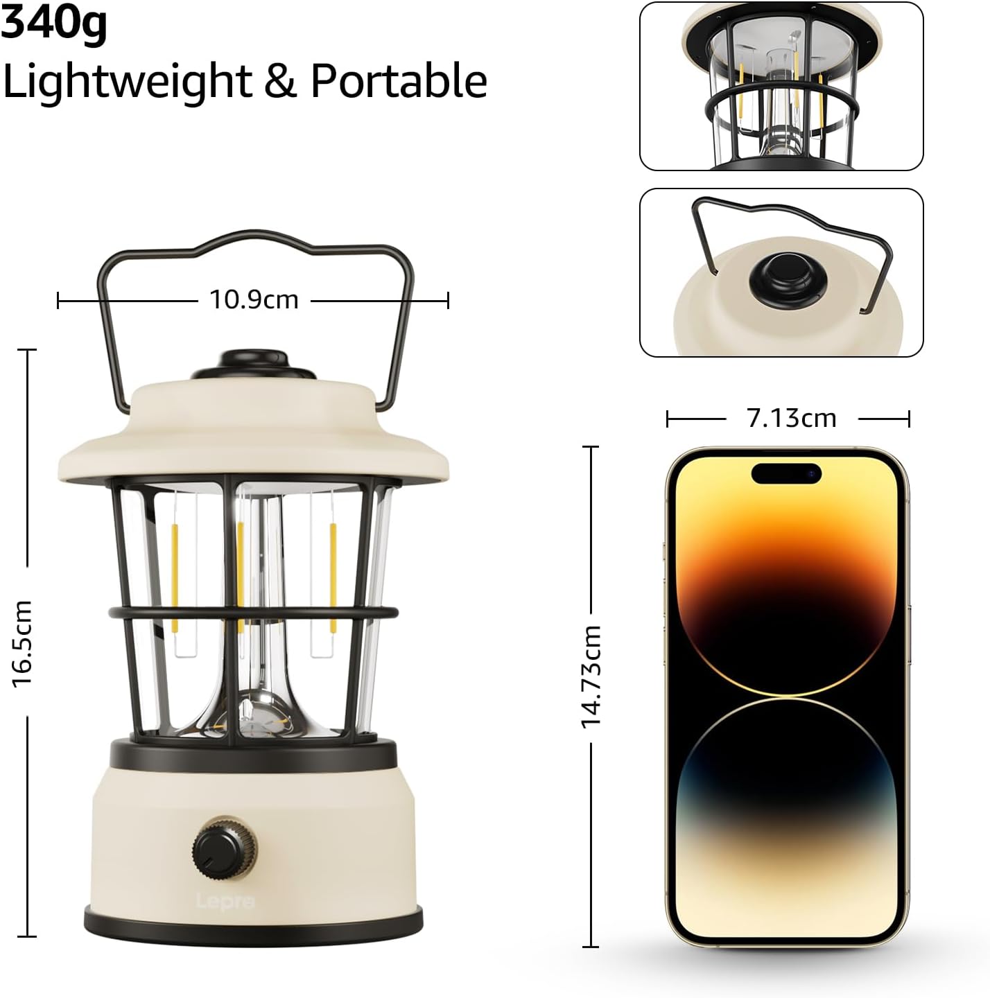 Lepro Rechargeable Camping Lantern, 300LM Retro Camping Tent Light with Knob Control, Dimmable Warm & Cool White, Type-C Charging, 3600mAh Portable Hanging Lamp for Power Cuts, Garden, Fishing, White