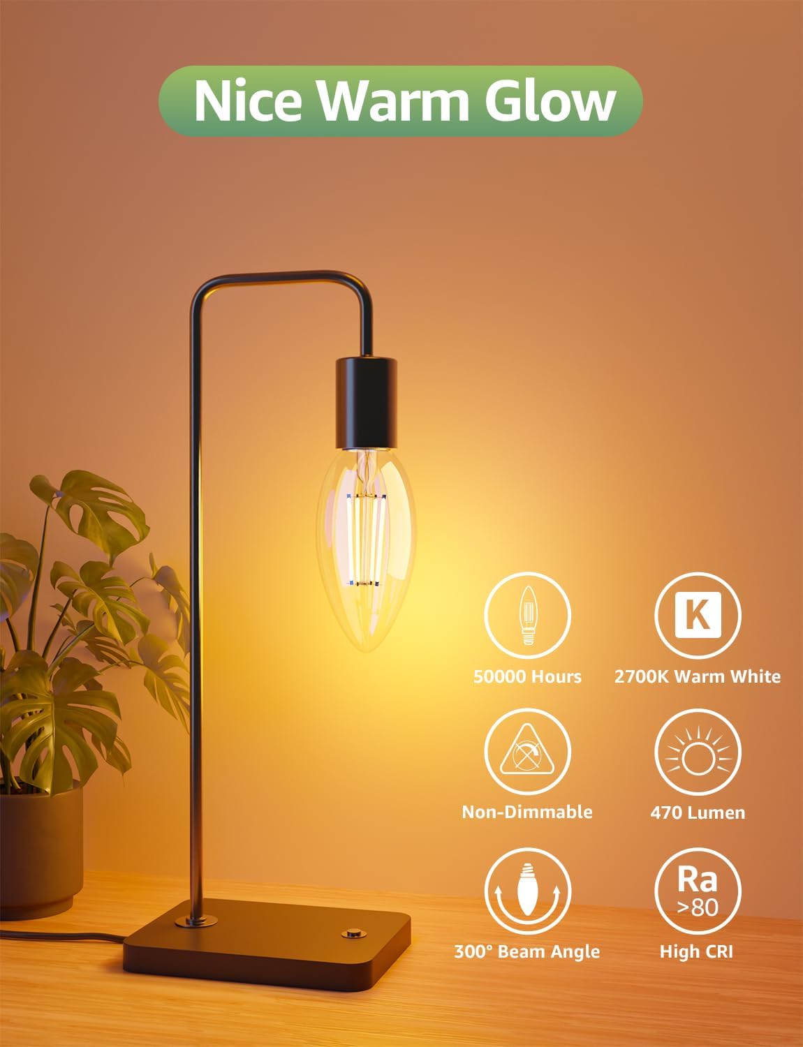 Lepro E14 LED Candle Bulb, Ultra Efficient A-Rated, 2.2W = 40W, 470lm, Warm White 2700K, 50000H Lifespan, SES Small Edison Screw, Clear Glass Vintage Filament Bulb, Pack of 2