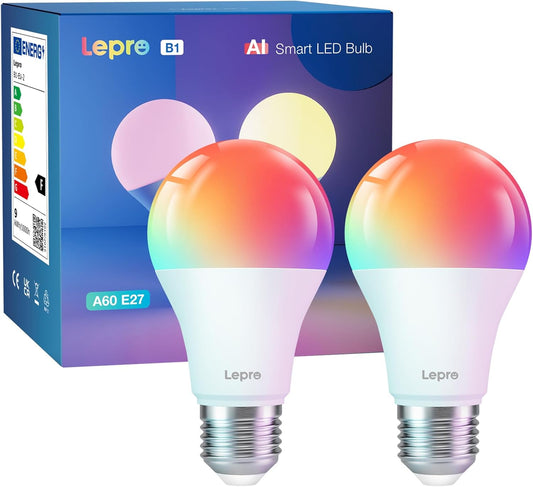 Lepro B1 AI Smart Bulb E27, Music Sync Bluetooth & WiFi Bulb, Voice Control Screw Light Bulbs, AI Lighting Design Assistant, RGBCCT Colour Changing Bulb, Work with Alexa & Google Assistant, 2 Packs