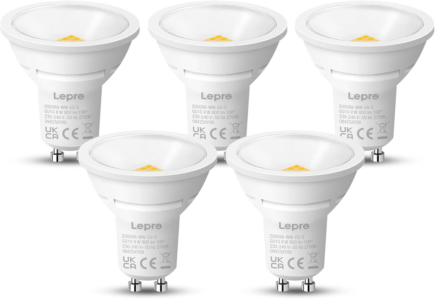 Lepro GU10 LED Bulbs, Warm White 2700K, 800LM Bright GU10 Lightbulbs, 8W (65W Equivalent), 100¡« Wide Beam Angle, Energy Saving LED Spotlight Bulbs, Non-Dimmable, Pack of 5