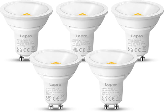 Lepro GU10 LED Bulbs, Warm White 2700K, 800LM Bright GU10 Lightbulbs, 8W (65W Equivalent), 100¡« Wide Beam Angle, Energy Saving LED Spotlight Bulbs, Non-Dimmable, Pack of 5