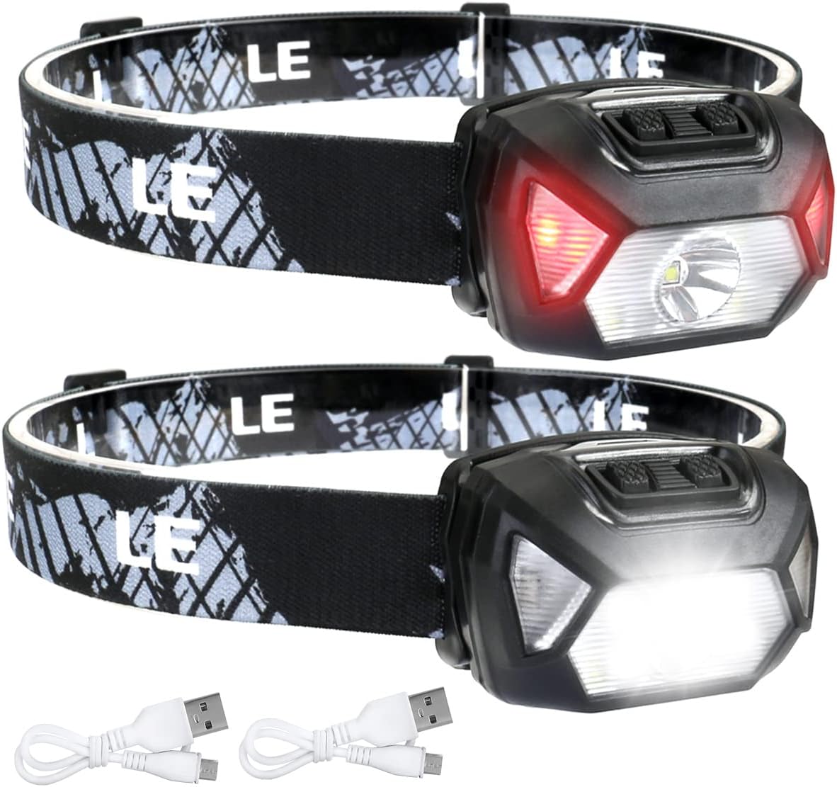 Lepro Head Torch Rechargeable, [2 Pack] 2000L Waterproof LED Headlamp with Red Warning Lights, 6 Lighting Modes, Long Runtime, Lightweight Headlight for Kids & Adults for Running Fishing Camping