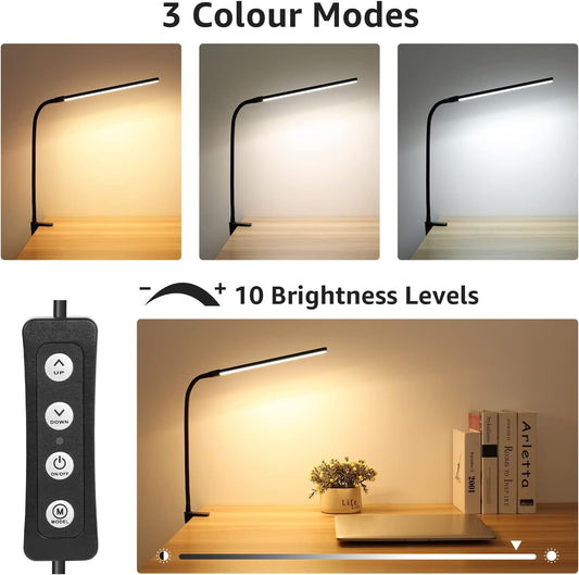 Lepro Desk Lamp Clamp, Eye Caring Desk Light, 5W 460lm, Dimmable LED Desk Lamp, 10 Brightness Levels x 3 Colour Modes, USB Powered Clip on LED Desk Light for Office, Study, Crafts, Nails, Reading