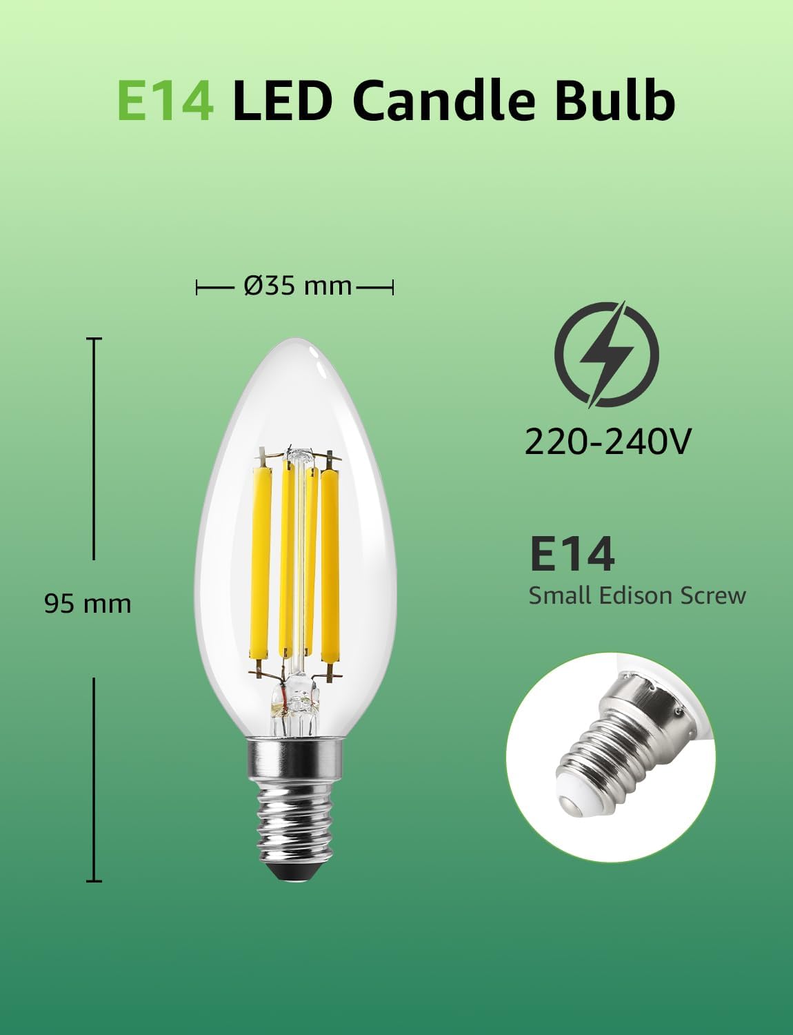 Lepro E14 LED Candle Bulb, Ultra Efficient A-Rated, 2.2W = 40W, 470lm, Warm White 2700K, 50000H Lifespan, SES Small Edison Screw, Clear Glass Vintage Filament Bulb, Pack of 2