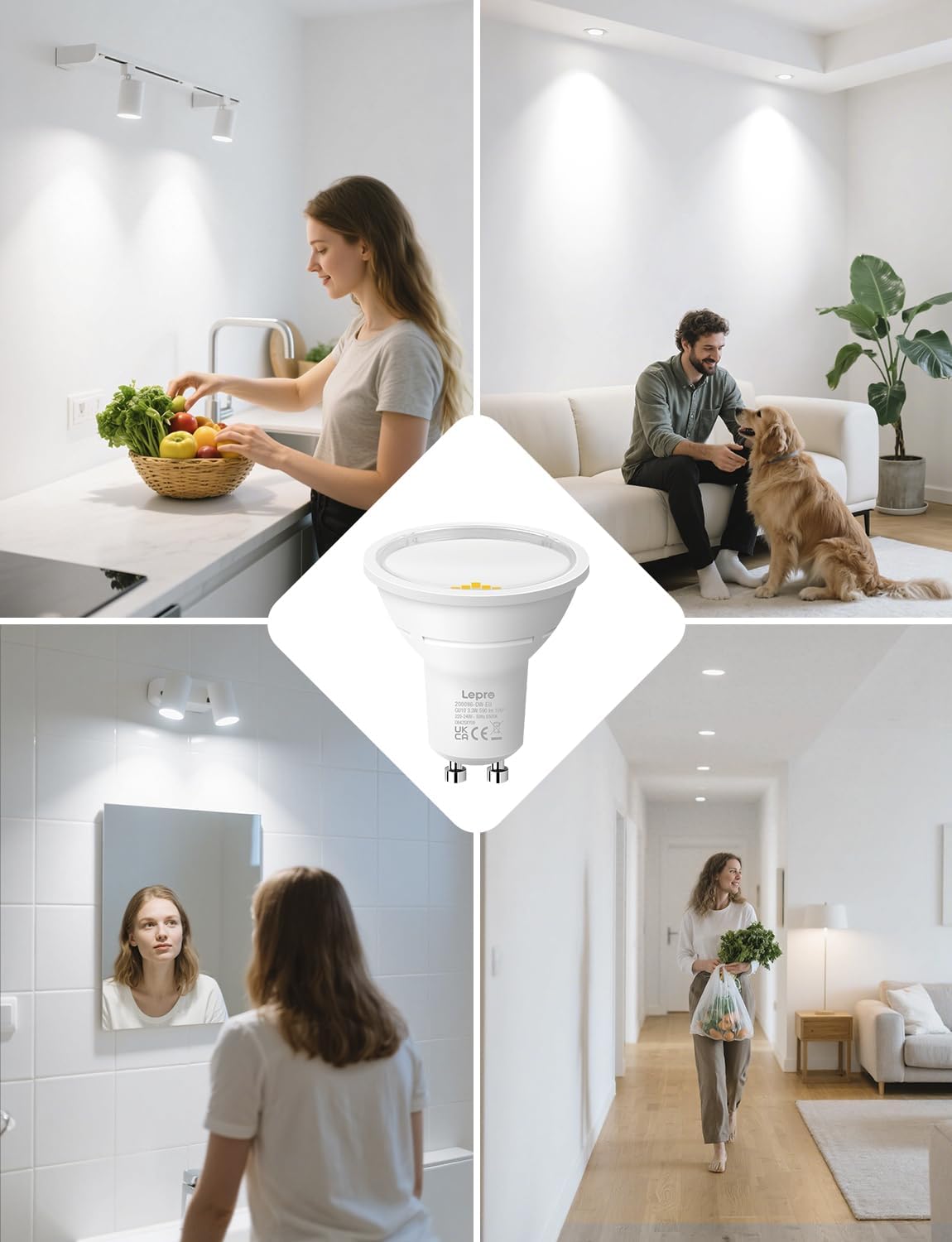 Lepro GU10 LED Bulbs, Cool White 6500K, A Energy Class, 590LM, 3.3W (50W Equivalent), 100¡« Wide Beam Angle, 50000H Long Life, Energy Saving LED Spotlight Bulb, Non-Dimmable, Pack of 5