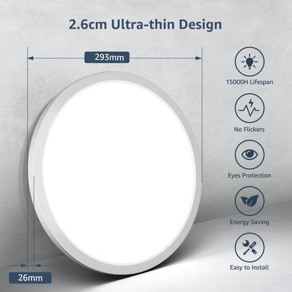 Lepro 24W LED Ceiling Light, 2400lm Super Bright Waterproof Bathroom Light, 2.6cm Ultra-Thin, Daylight White 5000K, Round Large Flush Ceiling Light for Living Room, Bedroom, Kitchen and More, Ø29.3cm