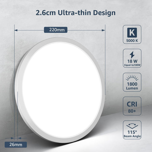 Lepro Bathroom Light, 18W 1800lm LED Ceiling Light, Waterproof IP44, 2.6cm Ultra-thin, 5000K, Round, Modern Flush Ceiling Lighting for Bathroom, Kitchen, Bedroom, Hallway, Utility Room and More, Ø22cm
