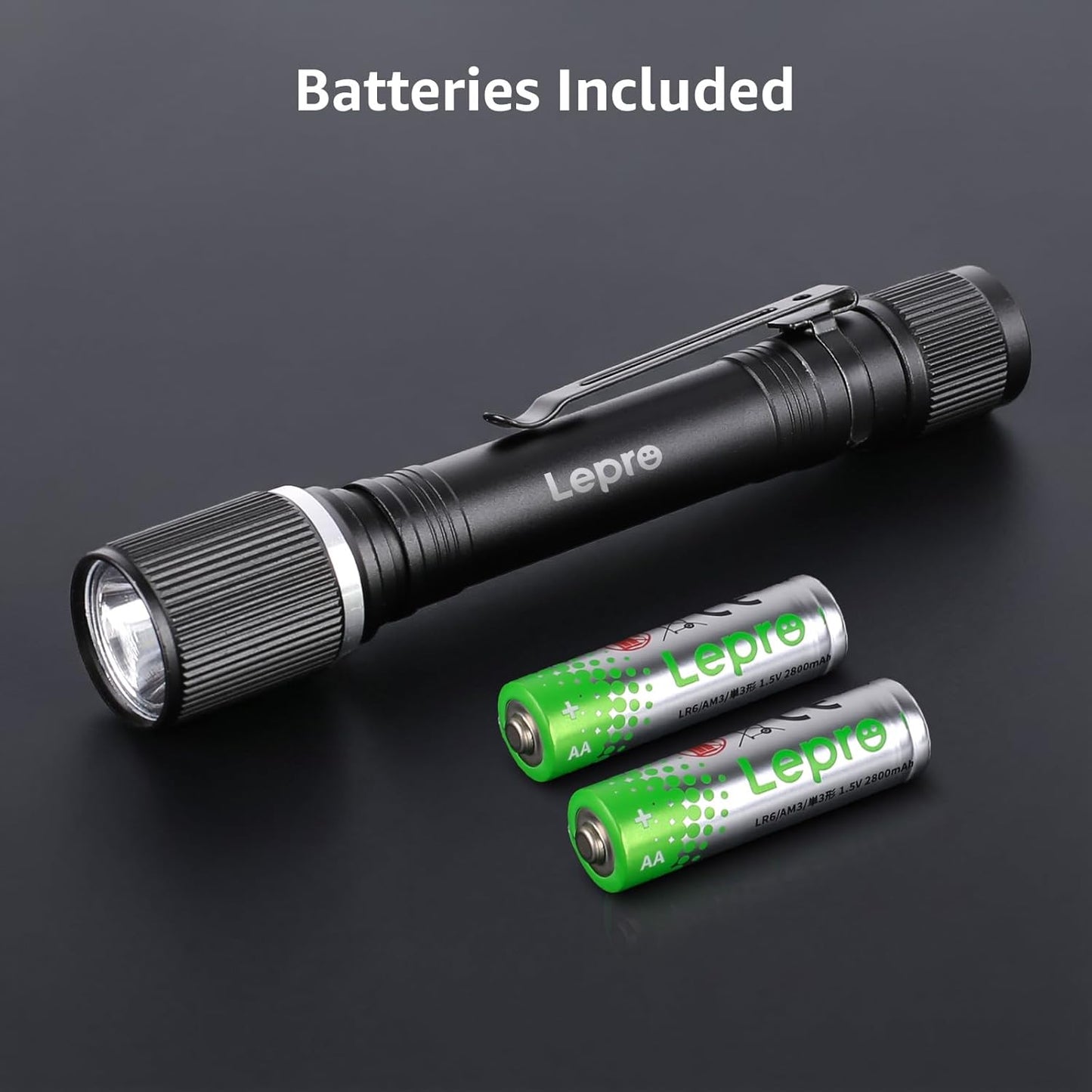 Lepro Torch Battery Powered, Small Bright LED Flashlight with Clip, 3 Modes, IPX4 Waterproof, Anti-Slip Aluminum Body for Camping, Emergency, Dog Walking and Power Cut, Batteries Included [Energy Class A+]