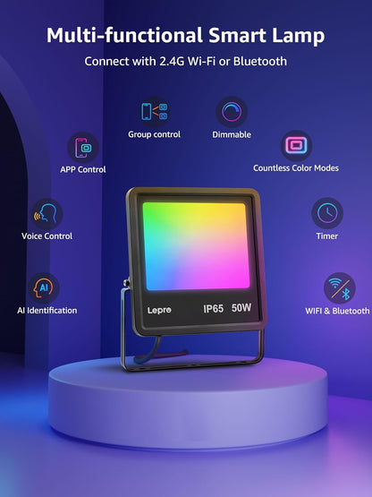 Lepro Led Flood Light Outdoor 50w, Colour Changing Floodlight App Control, 16M Colors DIY, LightGPM AI Mode, Music Sync, Voice Control with Alexa&Google, Timer, IP65 Waterproof for Outdoor Decoration