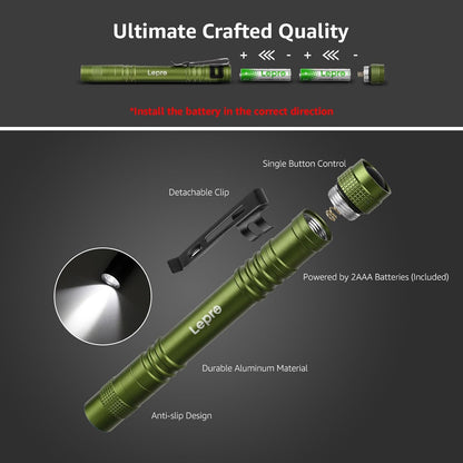 Lepro LED Torch Battery Powered, 2 Pack Pen Torch with Clip - Small Flightlight, 3 Modes, IP44 Waterproof for Camping, Emergencies, Repairs, Dog Walking, Power Cuts (Batteries Included), Green [Energy Class A]