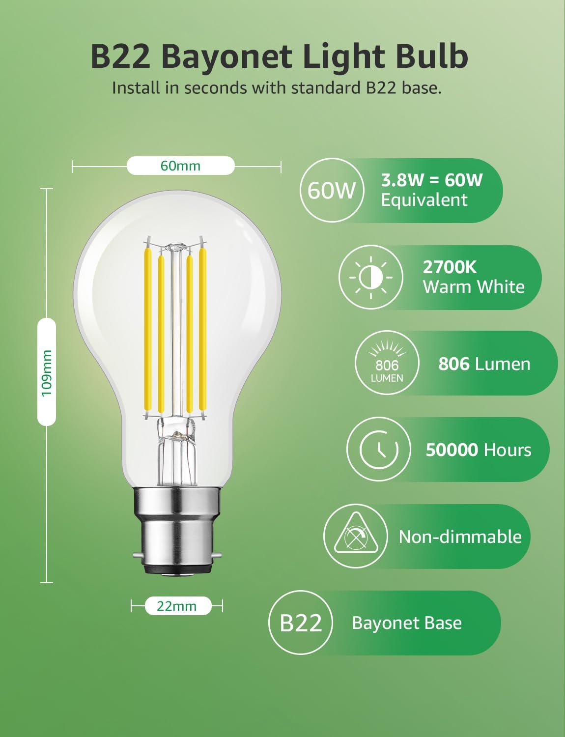 Lepro Vintage Bayonet Light Bulb, Ultra Efficient A-Rated B22 Bulb, 3.8W = 60W, 806lm, 2700K Warm White, 50000H Lifespan, Clear Filament, Glass, Non-dimmable, Pack of 4
