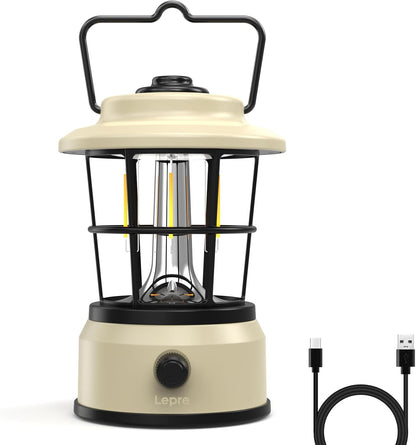 Lepro Rechargeable Camping Lantern, 300LM Retro Camping Tent Light with Knob Control, Dimmable Warm & Cool White, Type-C Charging, 3600mAh Portable Hanging Lamp for Power Cuts, Garden, Fishing, White