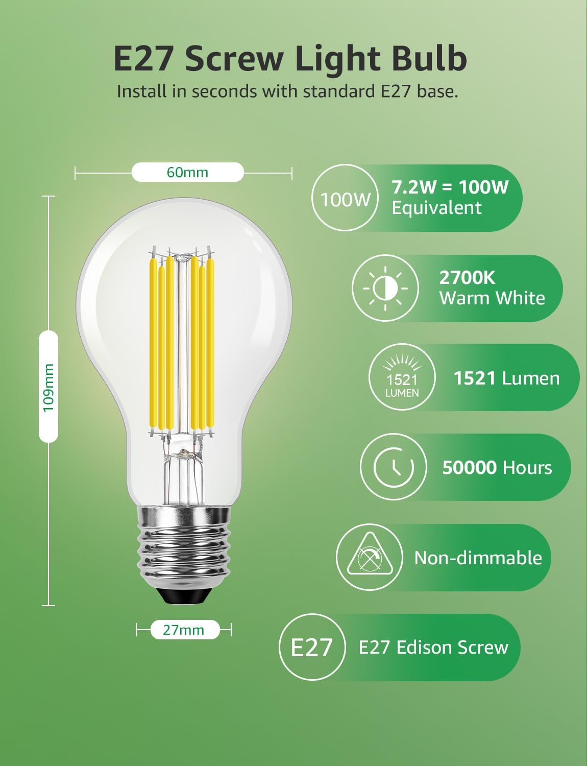 Lepro E27 Screw Bulb Vintage, Ultra Efficient A-Rated GLS Bulb, 7.2W = 100W, 1521lm, 2700K Warm White, 50000H Lifespan, Clear Filament, Glass, Non-dimmable, Pack of 4