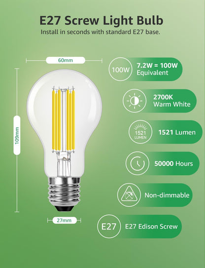 Lepro E27 Screw Bulb Vintage, Ultra Efficient A-Rated GLS Bulb, 7.2W = 100W, 1521lm, 2700K Warm White, 50000H Lifespan, Clear Filament, Glass, Non-dimmable, Pack of 4
