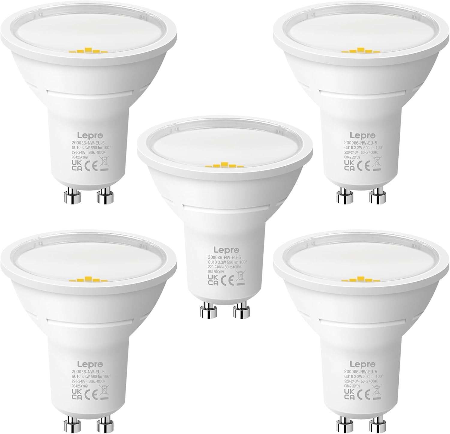 Lepro GU10 LED Bulbs, Neutral White 4000K, A Energy Class, 590LM, 3.3W (50W Equivalent), 100¡« Wide Beam Angle, 50000H Long Life, Energy Saving LED Spotlight Bulb, Non-Dimmable, Pack of 5