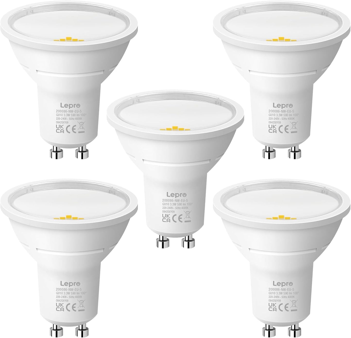 Lepro GU10 LED Bulbs, Neutral White 4000K, A Energy Class, 590LM, 3.3W (50W Equivalent), 100¡« Wide Beam Angle, 50000H Long Life, Energy Saving LED Spotlight Bulb, Non-Dimmable, Pack of 5