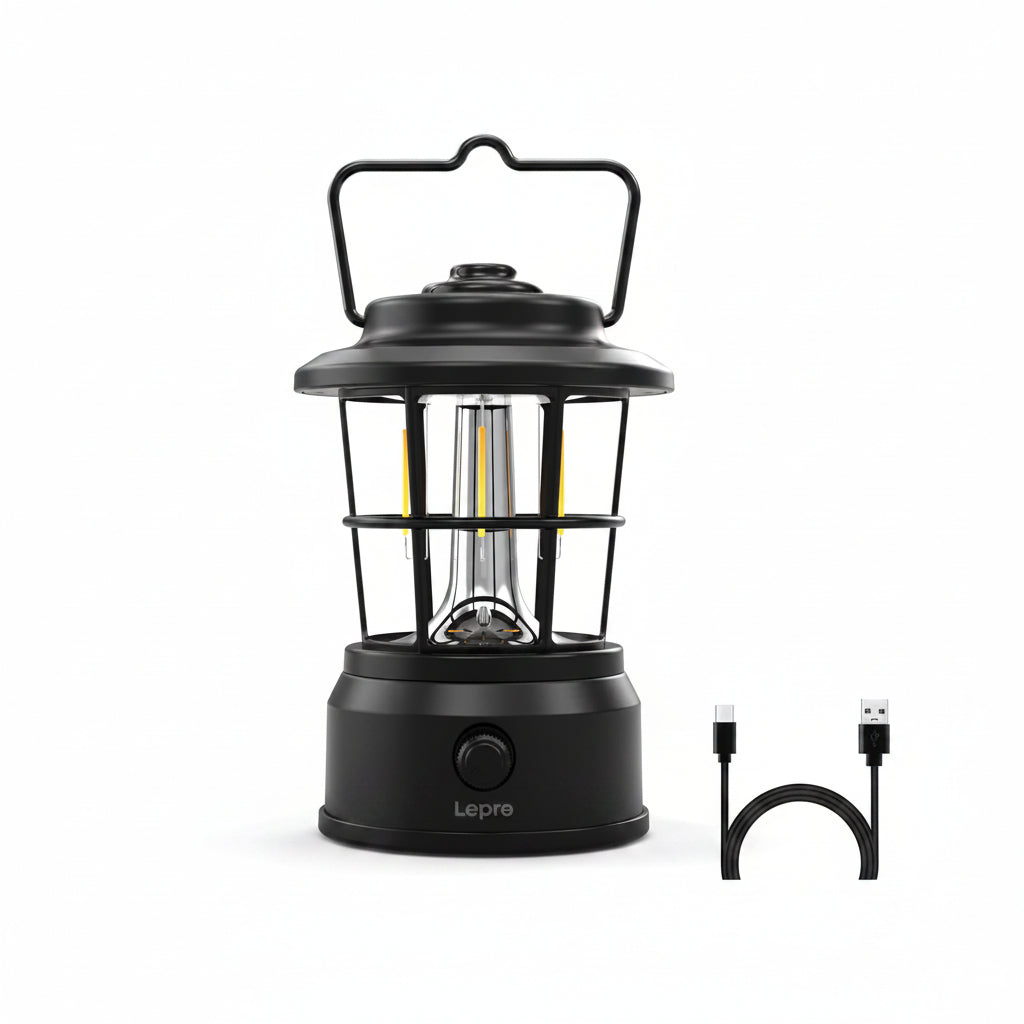 Lepro Rechargeable Camping Lantern, 300LM Retro Camping Tent Light with Knob Control, Dimmable Warm & Cool White, Type-C Charging, 3600mAh Portable Hanging Lamp for Power Cuts, Garden, Fishing, Black