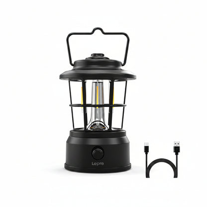 Lepro Rechargeable Camping Lantern, 300LM Retro Camping Tent Light with Knob Control, Dimmable Warm & Cool White, Type-C Charging, 3600mAh Portable Hanging Lamp for Power Cuts, Garden, Fishing, Black