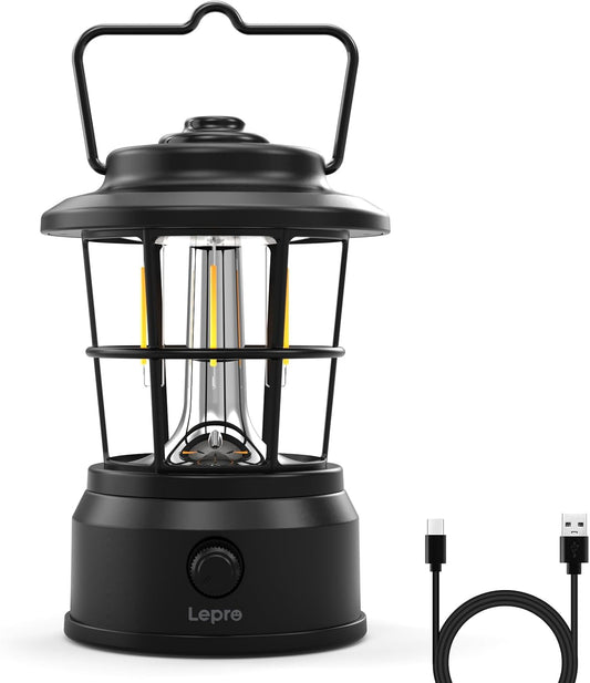 Lepro Rechargeable Camping Lantern, 300LM Retro Camping Tent Light with Knob Control, Dimmable Warm & Cool White, Type-C Charging, 3600mAh Portable Hanging Lamp for Power Cuts, Garden, Fishing, Black