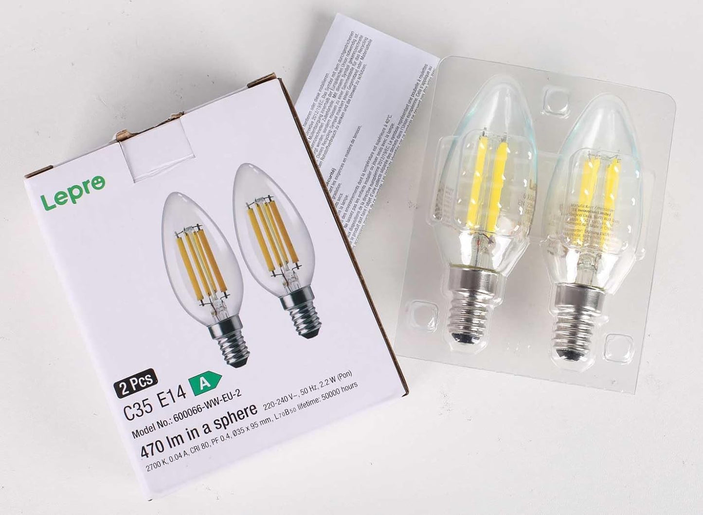 Lepro E14 LED Candle Bulb, Ultra Efficient A-Rated, 2.2W = 40W, 470lm, Warm White 2700K, 50000H Lifespan, SES Small Edison Screw, Clear Glass Vintage Filament Bulb, Pack of 2