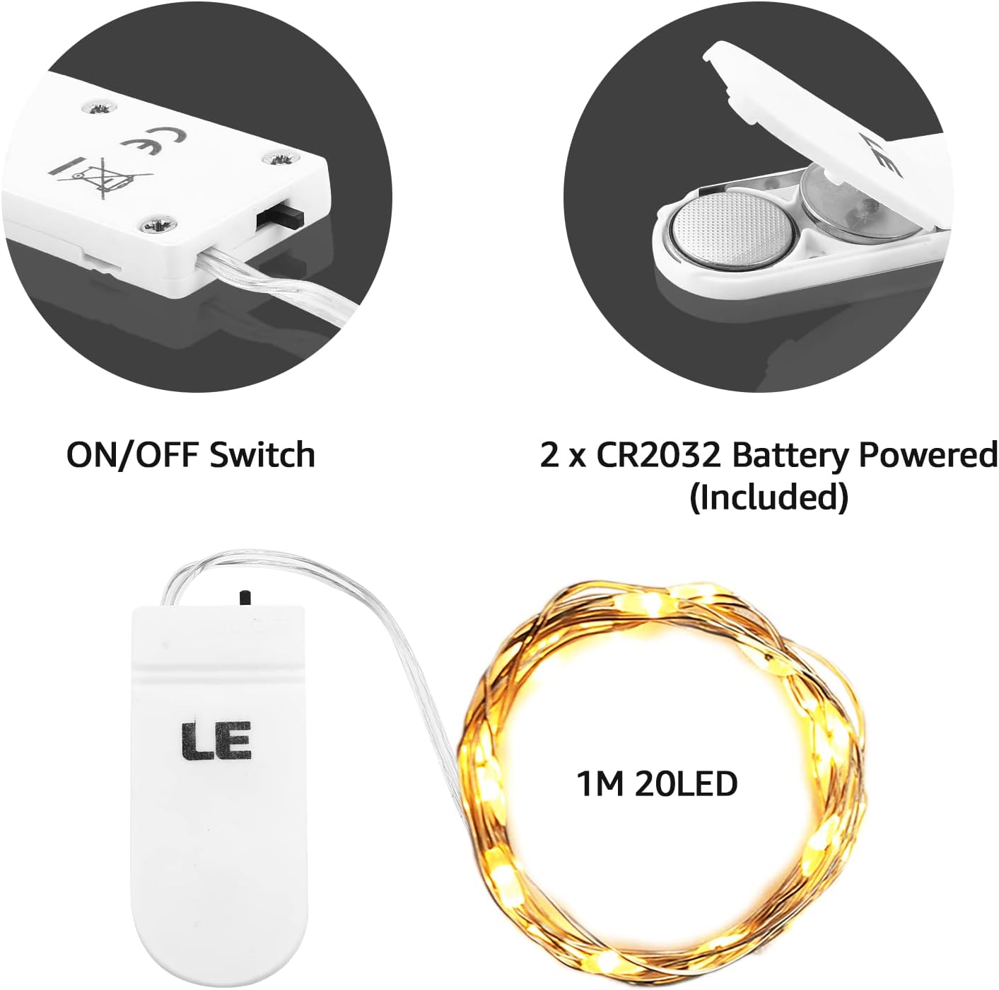 LE Battery Fairy Lights, 1M 20 LED Small Fairy Lights, Warm White Christmas Lights, Battery Powered Mini Copper Wire Lights for Halloween, Christmas Tree, Party, Table Decorations, Pack of 8