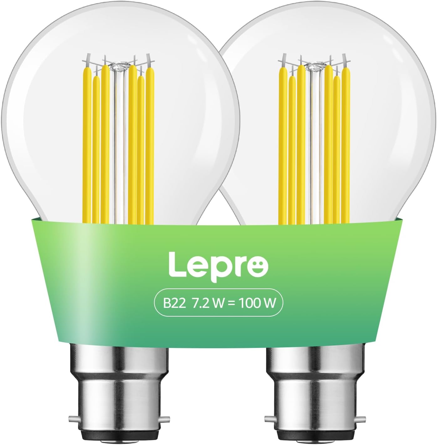 Lepro LED Light Bulbs Bayonet, Ultra Efficient A-Rated B22 Bulb, 7.2W = 100W, 1521lm, 2700K Warm White, 50000H Lifespan, Clear Filament, Glass, Non-dimmable, Pack of 2