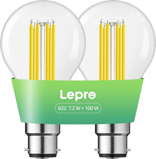 Lepro LED Light Bulbs Bayonet, Ultra Efficient A-Rated B22 Bulb, 7.2W = 100W, 1521lm, 2700K Warm White, 50000H Lifespan, Clear Filament, Glass, Non-dimmable, Pack of 2