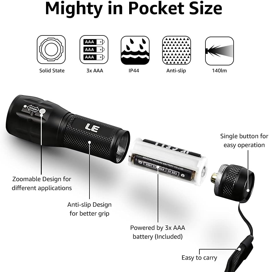 LE LED Torch, LE1000 Powerful Handheld Flashlight, Super Bright, Pocket Size, Lightweight, Suit for Camping, Cycling, Running, Dog Walking and More Outdoor Use, 6 AAA Batteries Included, Pack of 2