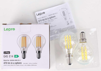 Lepro E14 Golf Ball Bulb Vintage, Ultra Efficient A-Rated, 2.2W = 40W, 470lm, Warm White 2700K, 50000H Lifespan, Small Edison Screw SES Bulb, Clear Filament, Glass, Pack of 2