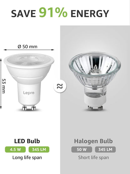 Lepro GU10 LED Bulbs Dimmable, Warm White 2700K, 4.5W 345lm, 50W Halogen Spotlight Bulb Equivalent, 38° Narrow Beam, Energy Saving GU10 LED Light Bulbs, Pack of 10