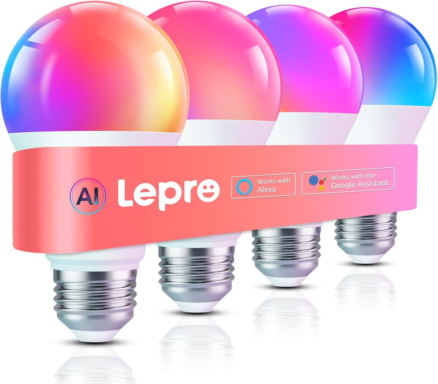 Lepro B1 AI Smart Bulb E27, Music Sync Smart Screw Bulb, Voice Control Bluetooth & WiFi Bulb, AI Lighting Design Assistant, Colour Changing Light Bulbs, Work with Alexa & Google Assistant, 4 Packs