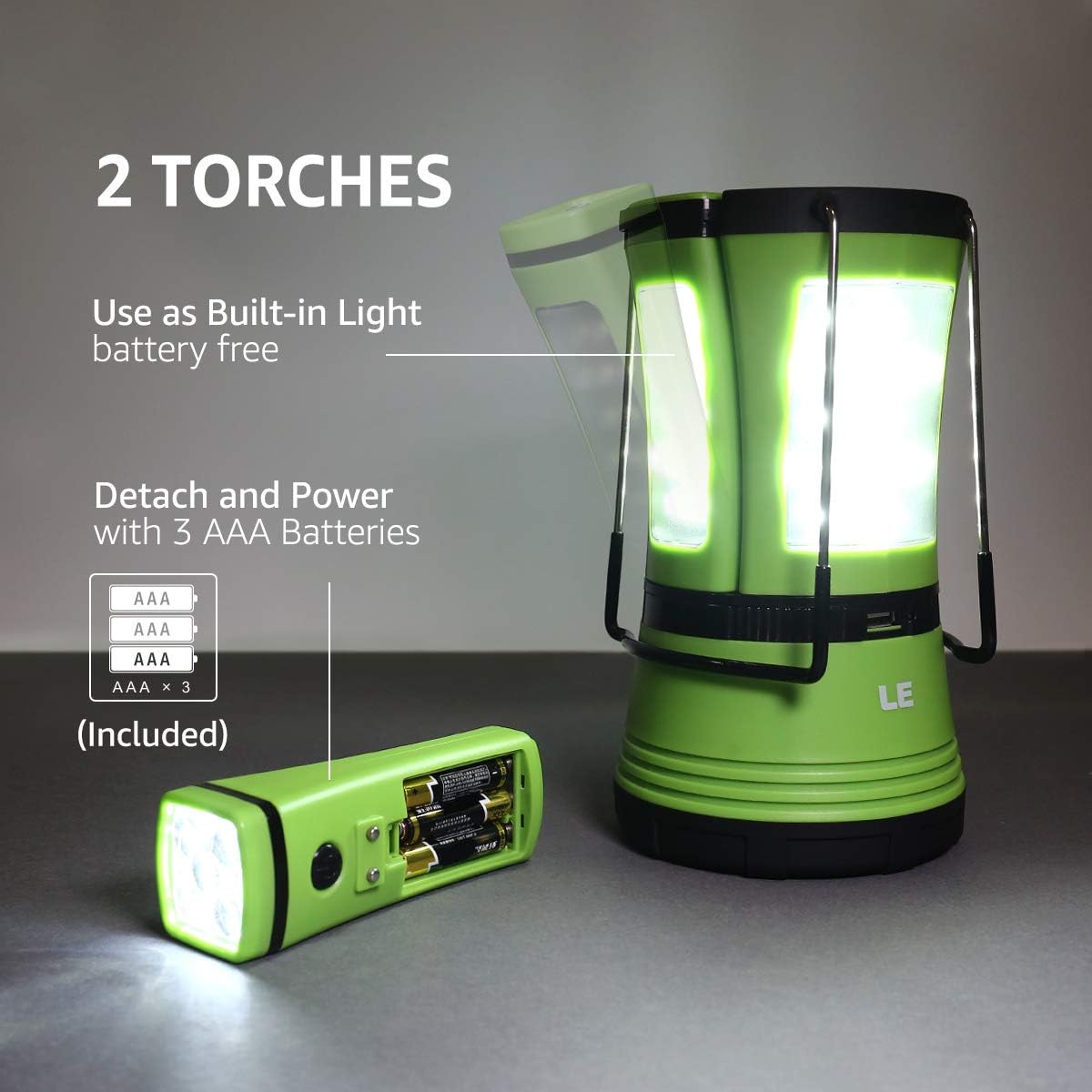 LE 3 in 1 Camping Lantern with 2 Detachable Torches, 600 Lumen, Camping Light Rechargeable or Battery Powered, Outdoor Camping Accessories for Tent, Caravan, Emergency, Fishing, Power Cuts and More