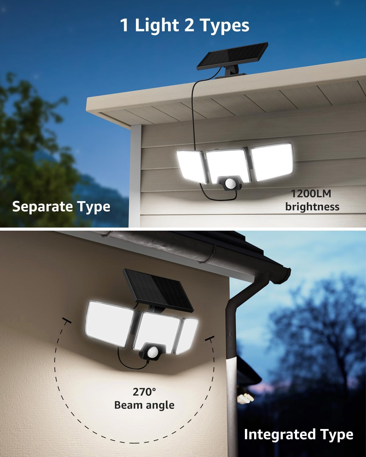 Lepro Solar Security Lights Outdoor Motion Sensor, 2 in 1 Separated and Integrated Remote Control IP65 Waterproof Solar Lights with 2 Light Modes, 3 Heads Solar Floodlight for Garden Yard