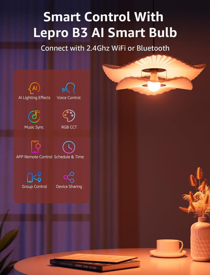 Lepro AI Smart Bulb E27, 1520LM Colour Changing Light Bulb, 12W(100W) WiFi Bulbs, Voice Control, Schedule & Timer, Work with Alexa & Google Assistant, Personalized AI Lighting Designer