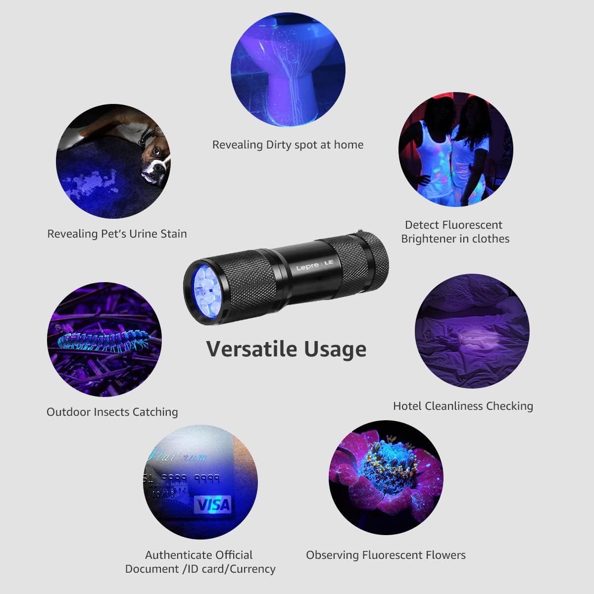 Lepro LE UV Torch, 9 LED 395nm Ultraviolet Flashlight, Blacklight Detector for Pet Urine, Stain, Bed Bugs and More, 3 AAA Batteries Included