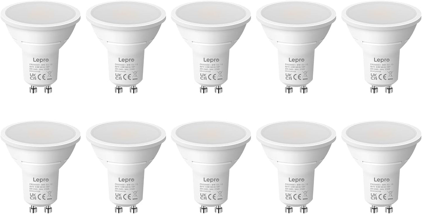 Lepro GU10 LED Bulbs, Warm White 2700K, 4W 345lm, 50W Halogen Spotlight Bulb Equivalent, Energy Saving GU10 LED Light Bulbs, 100° Wide Beam, Non-dimmable, Pack of 10