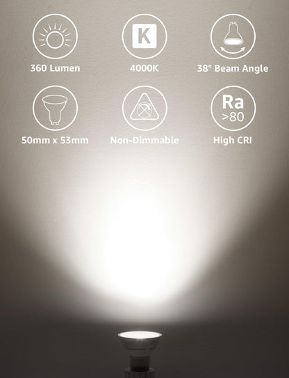 Lepro GU10 LED Bulbs, A Energy Class, Neutral White 4000K, 360LM, 2W (50W Equivalent), 38¡« Beam Angle, 50000H Life Span, 96% Energy Saving Spotlight Bulb, Non-Dimmable, 4 Packs