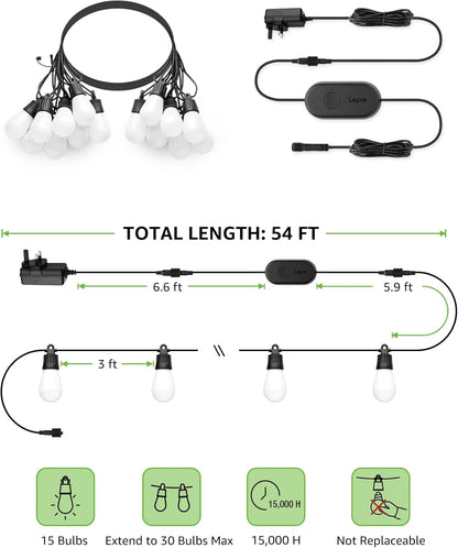 Lepro ZB1 AI Outdoor String Lights 15m, Smart Outdoor Lights Waterproof IP65, Dimmable Warm White Garden String Lights, AI Lighting Design Assistant, Works with Alexa, Bluetooth & 2.4G WiFi, No Remote