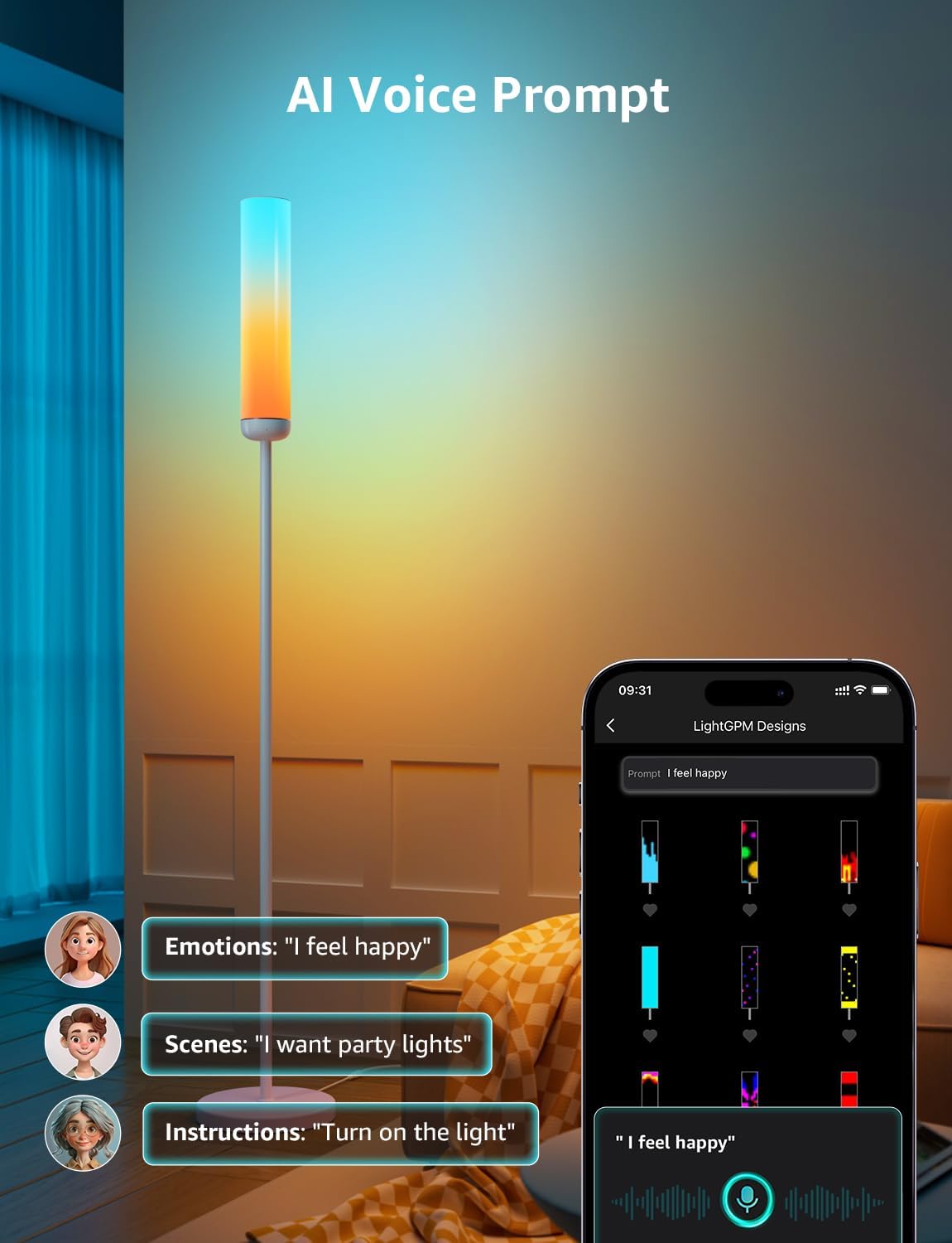 Lepro O1 AI Floor Lamp, Smart Standing Lamp with Music Sync, 2300 Lumen Corner Floor lamp for Living Room, Bedroom, RGB+CCT, AI Lighting Design Assistant, Works with Alexa, 2.4GHz WiFi, No Remote