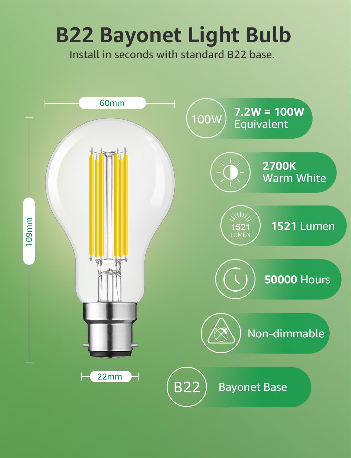 Lepro LED Light Bulbs Bayonet, Ultra Efficient A-Rated B22 Bulb, 7.2W = 100W, 1521lm, 2700K Warm White, 50000H Lifespan, Clear Filament, Glass, Non-dimmable, Pack of 2