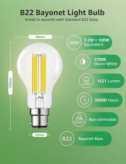 Lepro LED Light Bulbs Bayonet, Ultra Efficient A-Rated B22 Bulb, 7.2W = 100W, 1521lm, 2700K Warm White, 50000H Lifespan, Clear Filament, Glass, Non-dimmable, Pack of 2