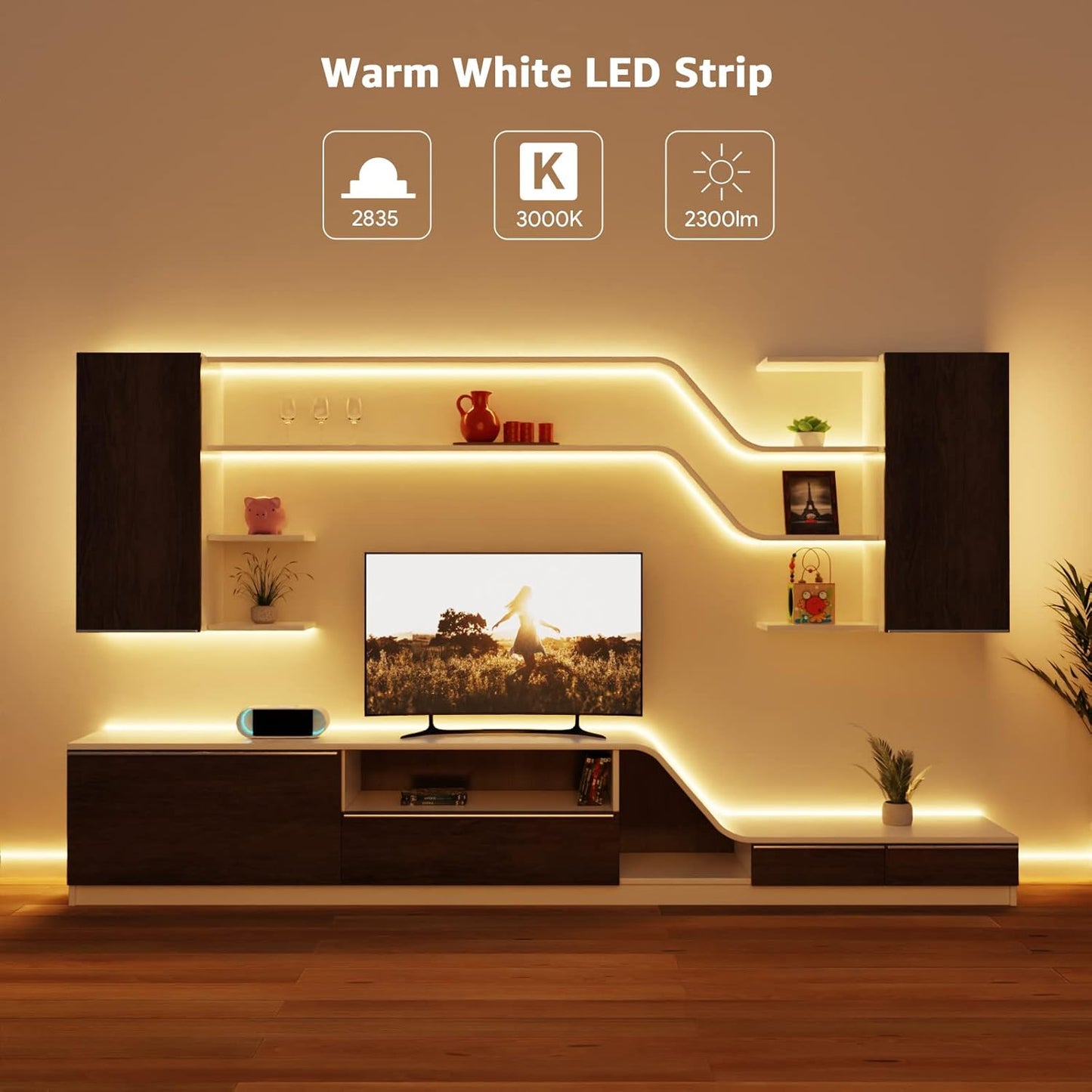 Lepro 5M Warm White LED Strip Without 12V Power Plug, 2300lm 3000K LED Tape, 300 2835 LEDs, Stick on LED Lights for Bedroom, Kitchen Cabinet, Under Cupboard, DIY and More