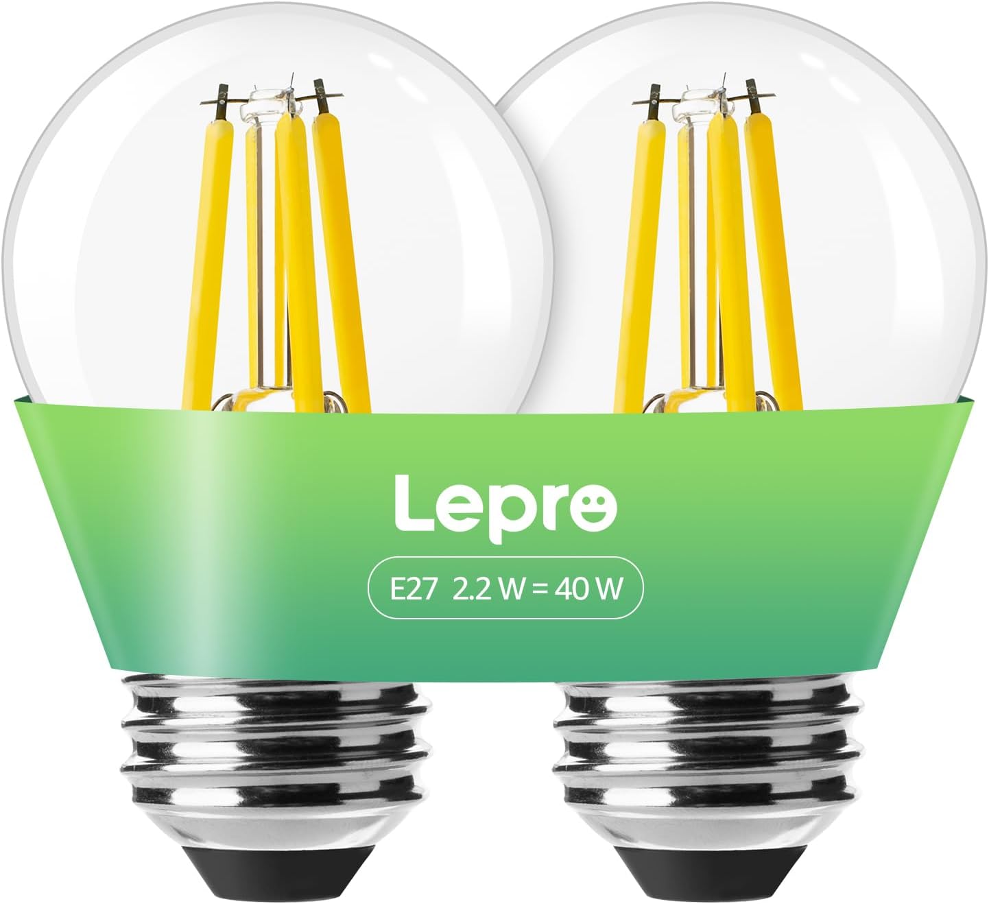 Lepro E27 Golf Ball Bulb, Ultra Efficient A-Rated, 2.2W = 40W, 470lm, Warm White 2700K, 50000H Lifespan, Edison Screw in Light Bulb, Clear Glass Vintage Filament Bulb, Pack of 2
