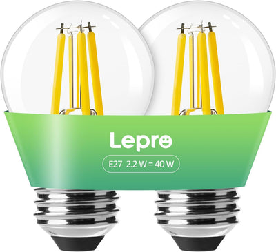 Lepro E27 Golf Ball Bulb, Ultra Efficient A-Rated, 2.2W = 40W, 470lm, Warm White 2700K, 50000H Lifespan, Edison Screw in Light Bulb, Clear Glass Vintage Filament Bulb, Pack of 2